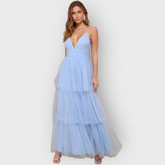Lulus Charming Glamour Tulle Tiered Maxi Dress Large Light Blue Prom Formal Gown - Picture 5 of 12